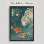 black Framed artwork of a tiger and goldfish with a black finish frame on a light gray background. Japanese woodblock-style art print of a white tiger gazing into a teal koi pond, with three orange koi fish swimming in the foreground, cherry blossoms, lush foliage, and traditional Japanese calligraphy seals, in a deep teal and burnt-orange palette.