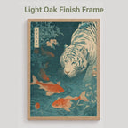 light oak Framed artwork with a tiger and goldfish design on a light gray background. Japanese woodblock-style art print of a white tiger gazing into a teal koi pond, with three orange koi fish swimming in the foreground, cherry blossoms, lush foliage, and traditional Japanese calligraphy seals, in a deep teal and burnt-orange palette.