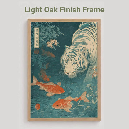 light oak Framed artwork with a tiger and goldfish design on a light gray background. Japanese woodblock-style art print of a white tiger gazing into a teal koi pond, with three orange koi fish swimming in the foreground, cherry blossoms, lush foliage, and traditional Japanese calligraphy seals, in a deep teal and burnt-orange palette.
