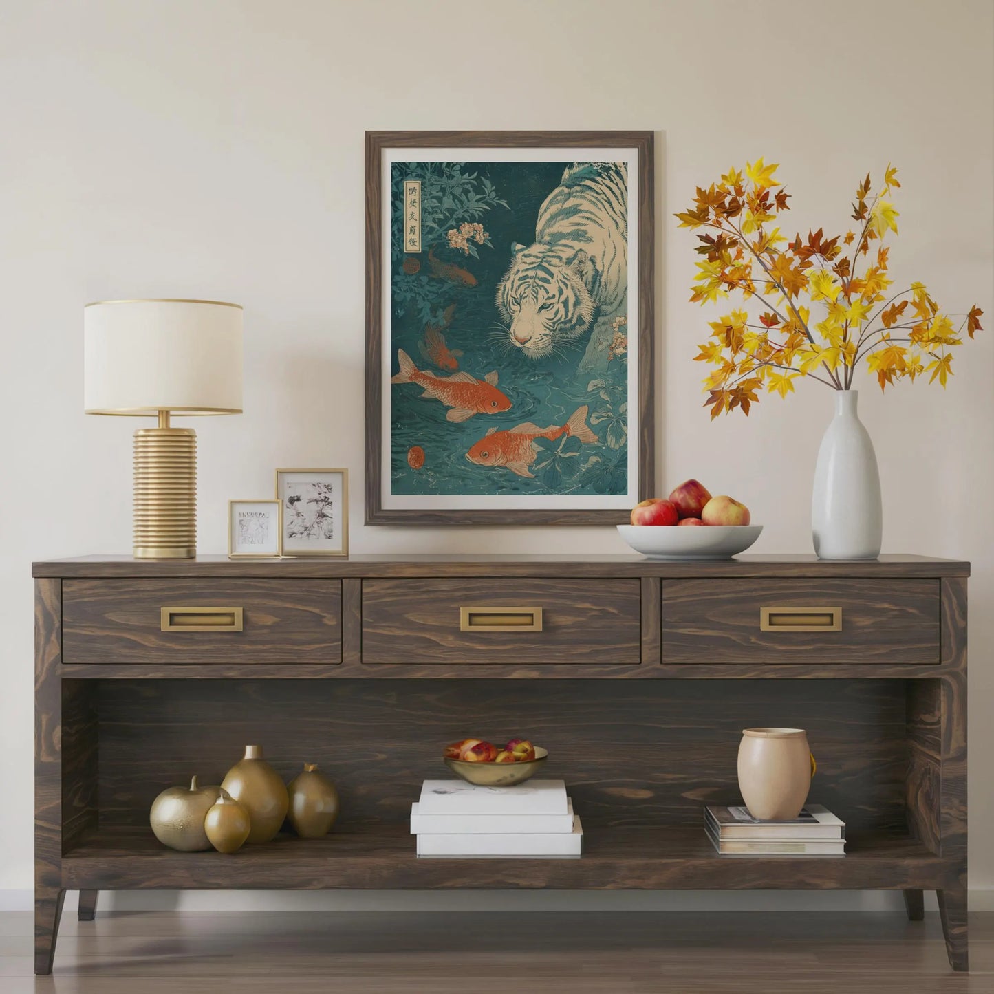 Wooden console table with decorative items including a lamp, framed artwork, and vases. Japanese woodblock-style art print of a white tiger gazing into a teal koi pond, with three orange koi fish swimming in the foreground, cherry blossoms, lush foliage, and traditional Japanese calligraphy seals, in a deep teal and burnt-orange palette.