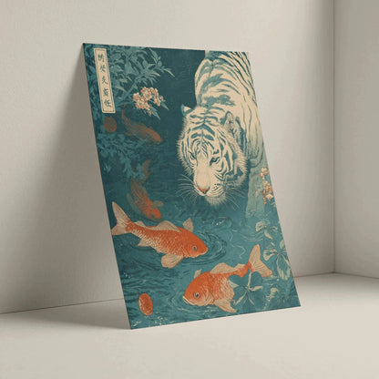 Framed artwork with a tiger and koi fish design on a teal background. Japanese woodblock-style art print of a white tiger gazing into a teal koi pond, with three orange koi fish swimming in the foreground, cherry blossoms, lush foliage, and traditional Japanese calligraphy seals, in a deep teal and burnt-orange palette.