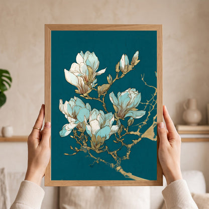 Teal Magnolia Botanical Print – Art Nouveau Gold Floral Design