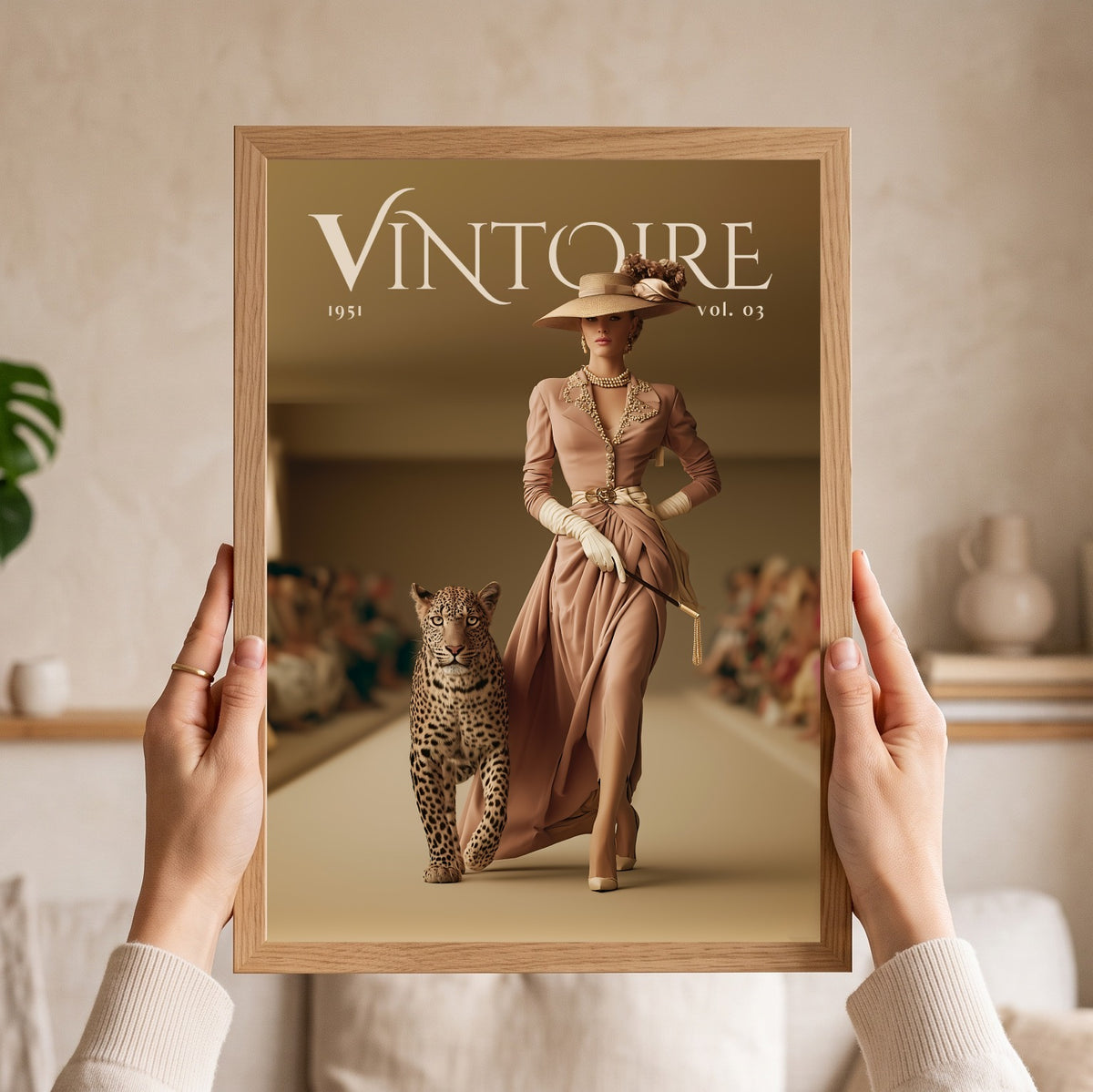 A person holds a framed art print featuring a vintage fashion magazine cover titled 'VINTOIRE 1951 vol. 03'.