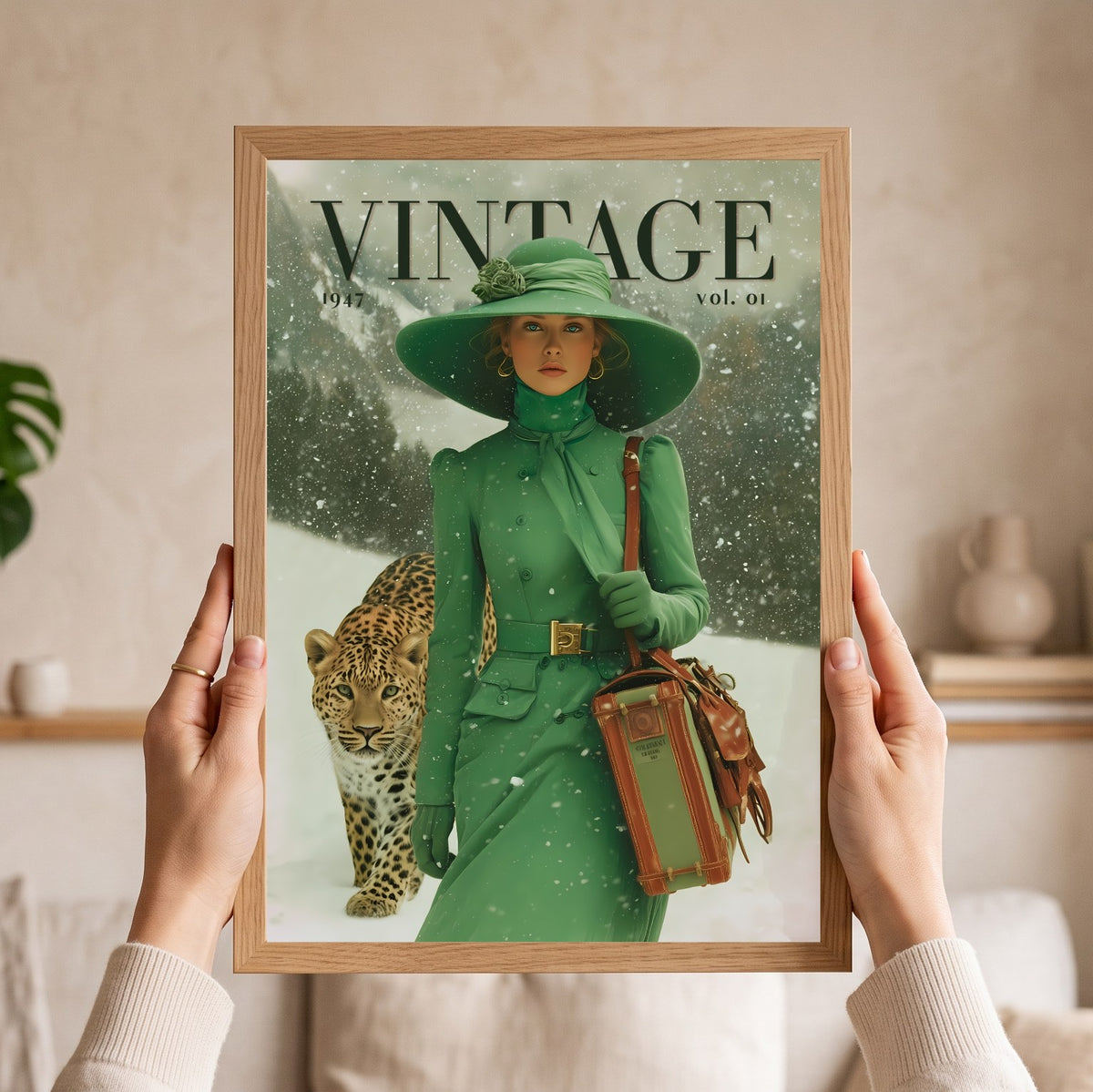 A person holds a framed vintage-style art print featuring a woman in a green outfit and hat walking with a leopard in the snow. The print has the word "VINTAGE" at the top and is shown against a softly lit indoor background.