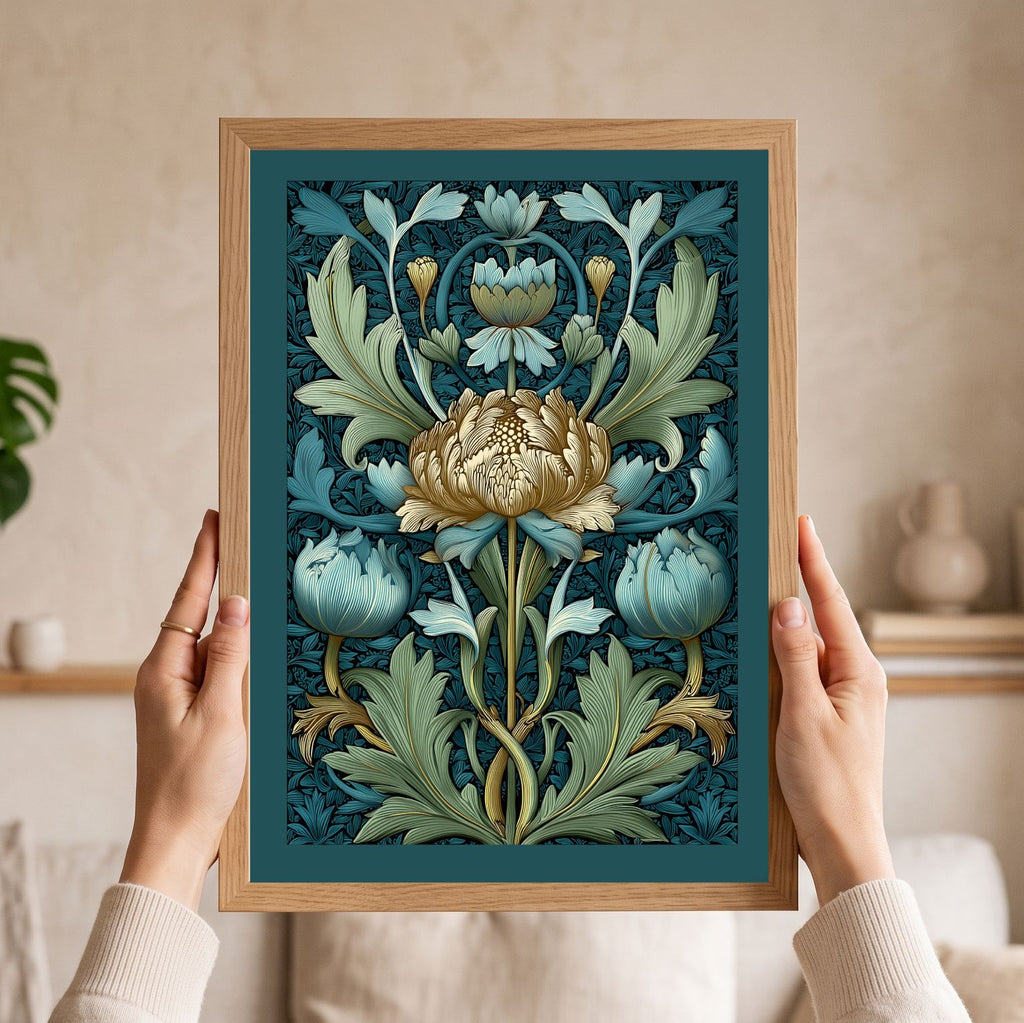 A framed botanical art print with a floral design in teal, blue, cream, and gold tones, held by two hands in front of a softly blurred indoor background.