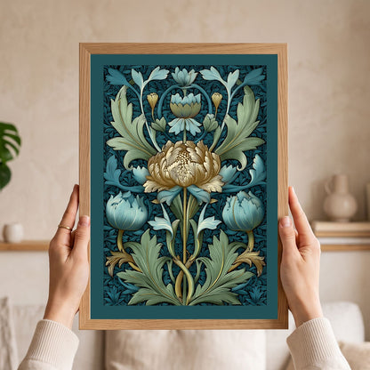 A framed botanical art print with a floral design in teal, blue, cream, and gold tones, held by two hands in front of a softly blurred indoor background.