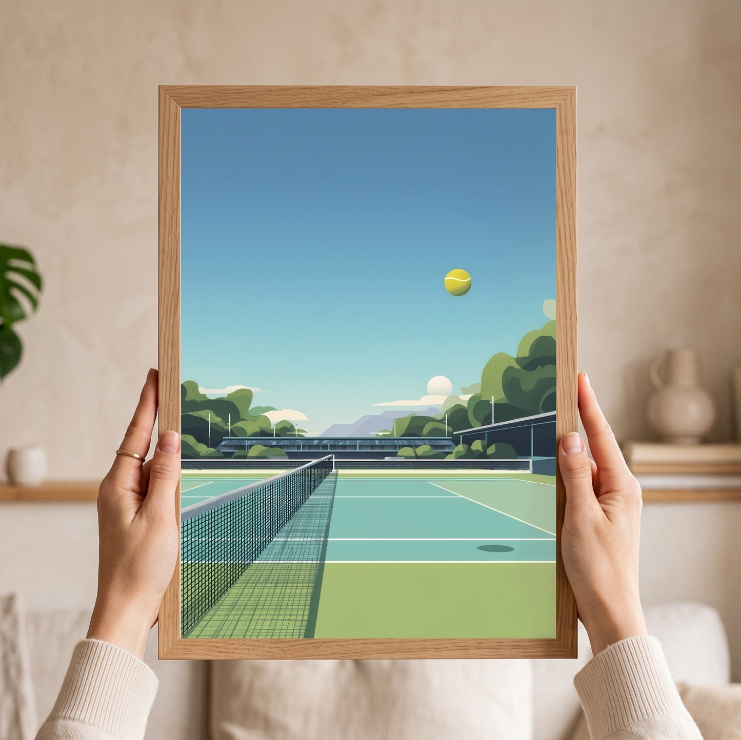 A person holds a framed art print featuring a stylized tennis court scene with a yellow tennis ball under a blue sky, set against a softly blurred indoor background.