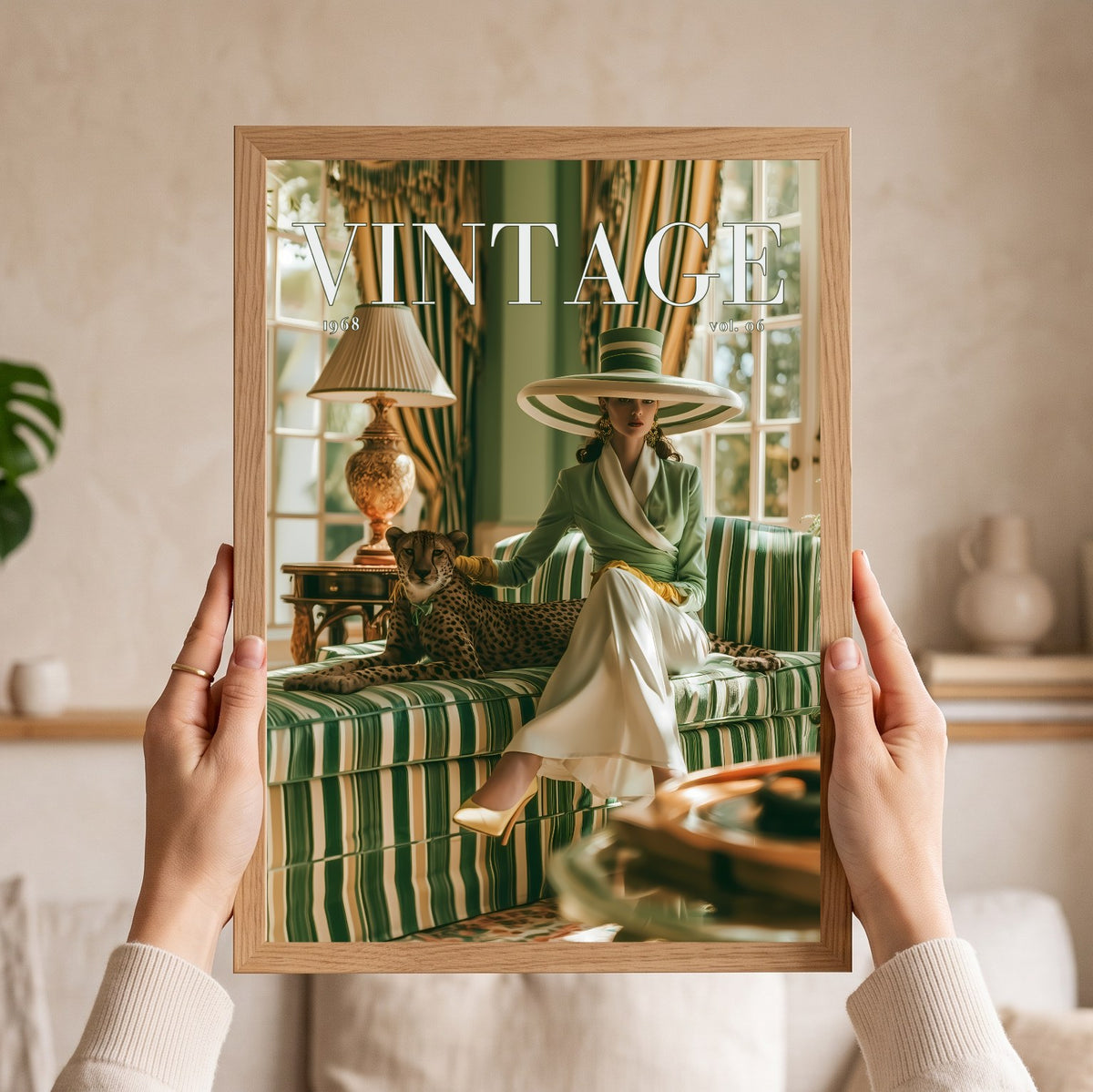 A person holds a light wood framed print featuring a vintage-style magazine cover with the word 'VINTAGE' and a woman in a green striped outfit seated on a matching sofa with a leopard. The photo is taken in a softly lit indoor setting with hands visible holding the frame.