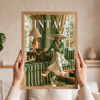 A person holds a light wood framed print featuring a vintage-style magazine cover with the word 'VINTAGE' and a woman in a green striped outfit seated on a matching sofa with a leopard. The photo is taken in a softly lit indoor setting with hands visible holding the frame.