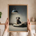 A person holds a framed art print featuring a dachshund sitting on a pet bed under a hanging lamp. The print is in a light wood frame, and the background shows a softly lit indoor room with shelves and decor.