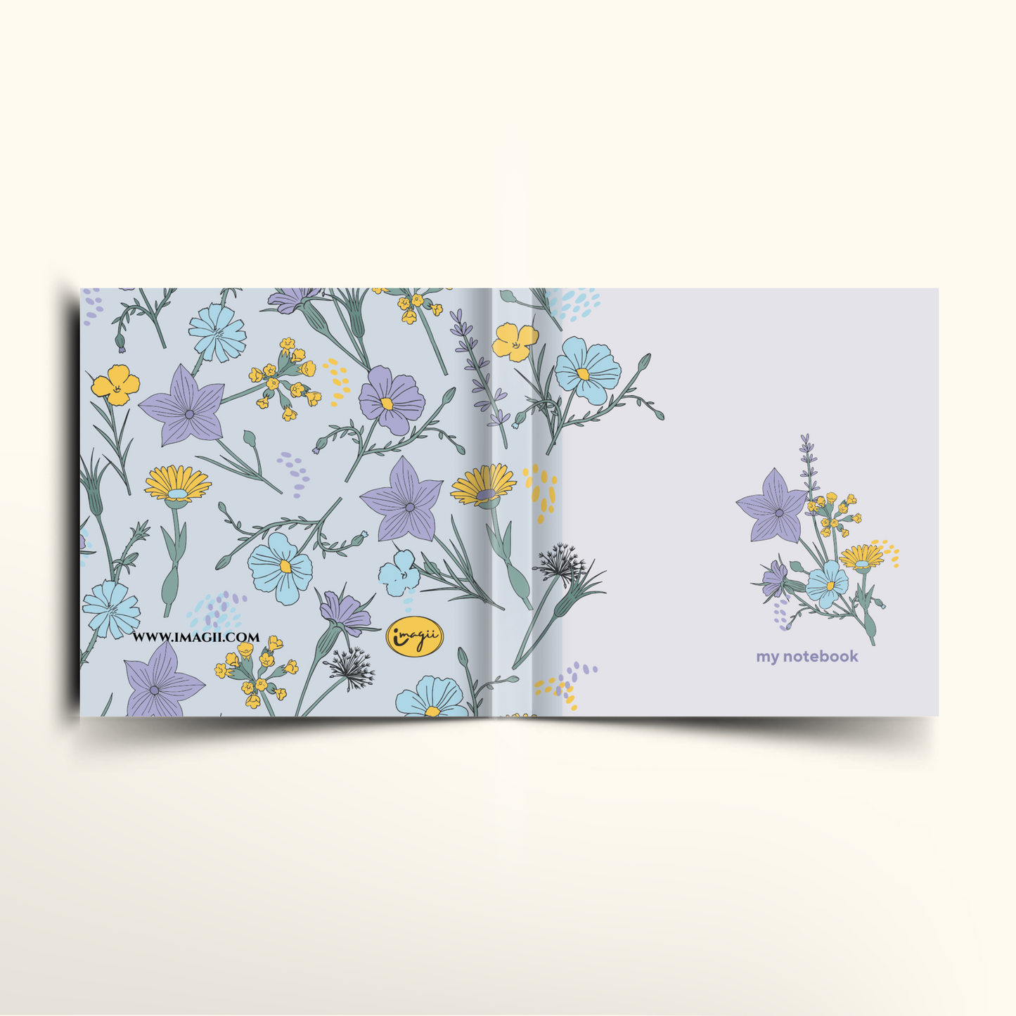 Square lavender floral notebook, front and back