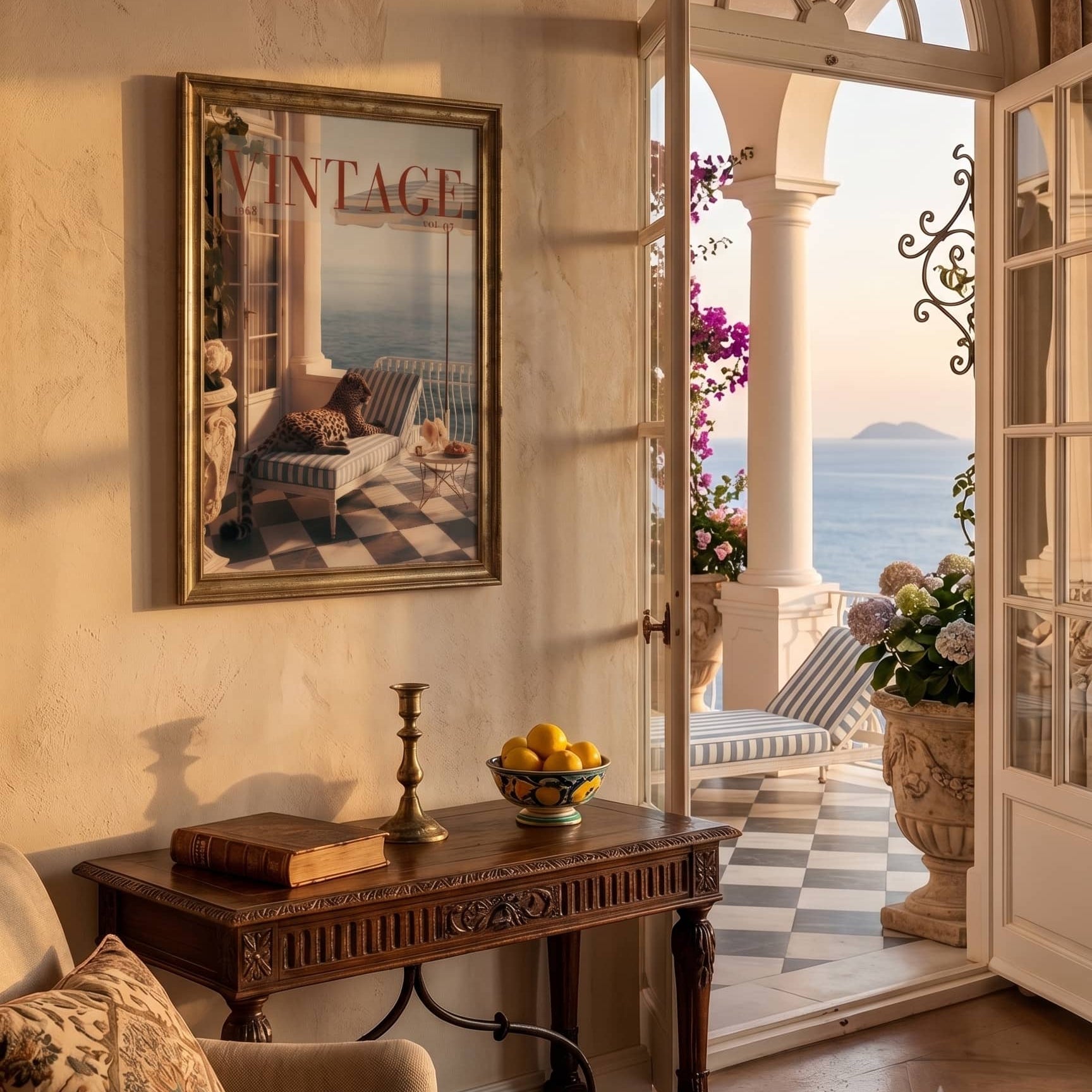A framed vintage-style art print featuring a balcony scene with the word 'VINTAGE' hangs on a beige wall in a sunlit interior. Below the frame is a dark wood console table with books, a candlestick, and a bowl of lemons.