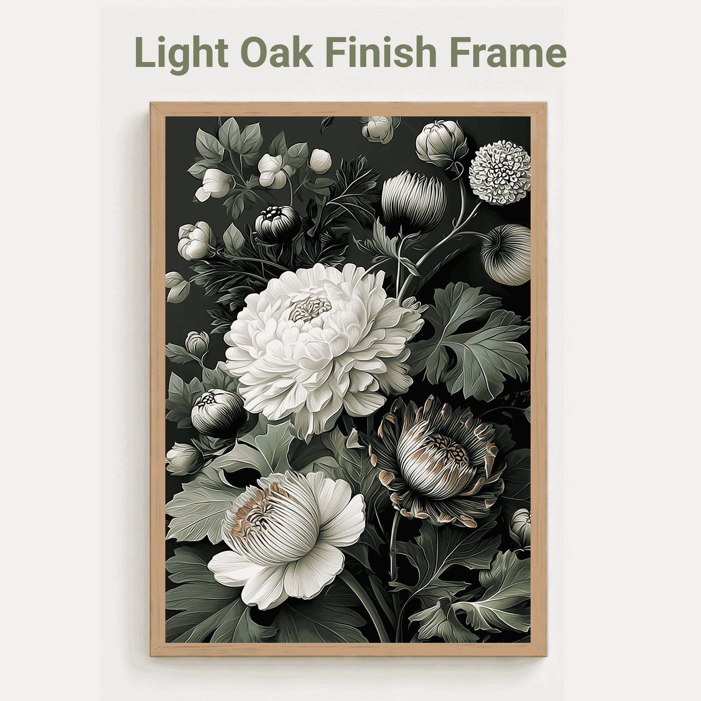 Floral artwork in a light oak finish frame on a white background