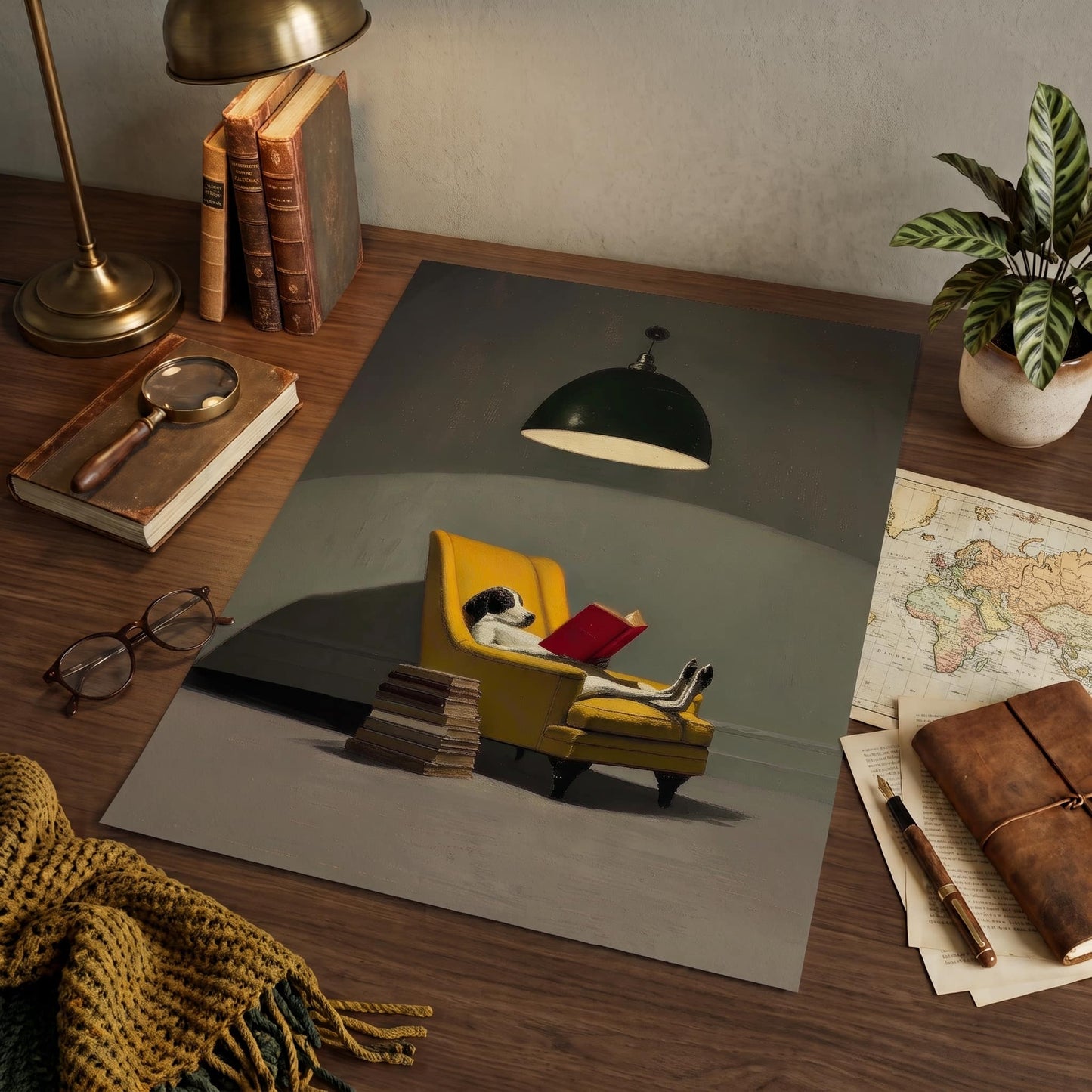 A rectangular art print or poster lying on a wooden desk, showing a surreal scene of a dog lounging in a yellow armchair and reading a red book under a hanging lamp. The print is surrounded by styled desk props including a brass lamp, books, magnifying glass, eyeglasses, a plant, a map, a notebook, and a yellow knit blanket.