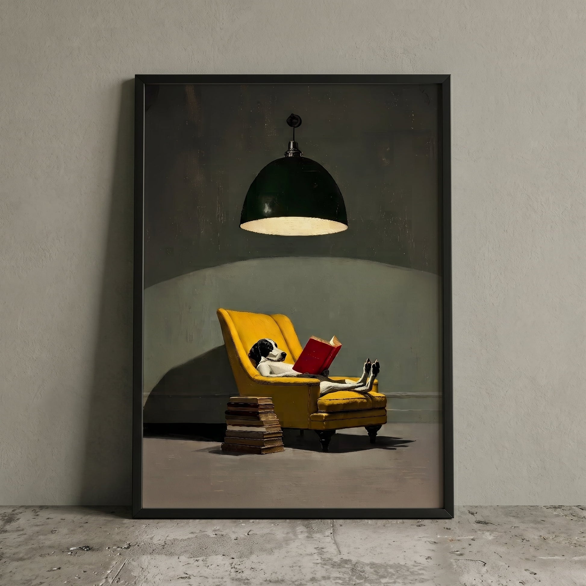 A framed art print leaning against a textured gray wall on a concrete floor. The print depicts a black and white dog lounging in a yellow armchair reading a red book under a dark green dome lamp.
