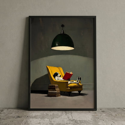 A framed art print leaning against a textured gray wall on a concrete floor. The print depicts a black and white dog lounging in a yellow armchair reading a red book under a dark green dome lamp.