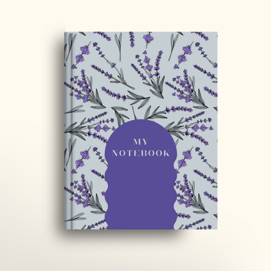 Hardcover A4 or US Letter sized notebook cover with lavender theme and the word 'My Notebook' written on the front.