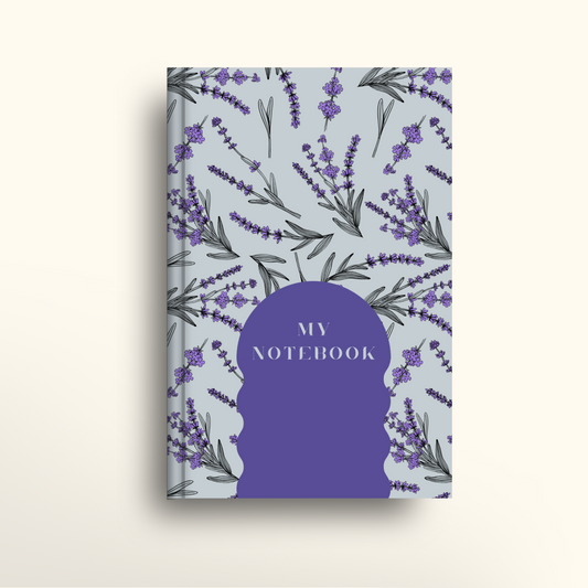 Notebook cover with lavender design and the writing My Notebook, on a light blue background