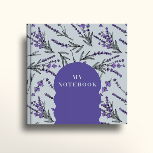 Notebook with lavender design and 'My Notebook' text on a light blue background
