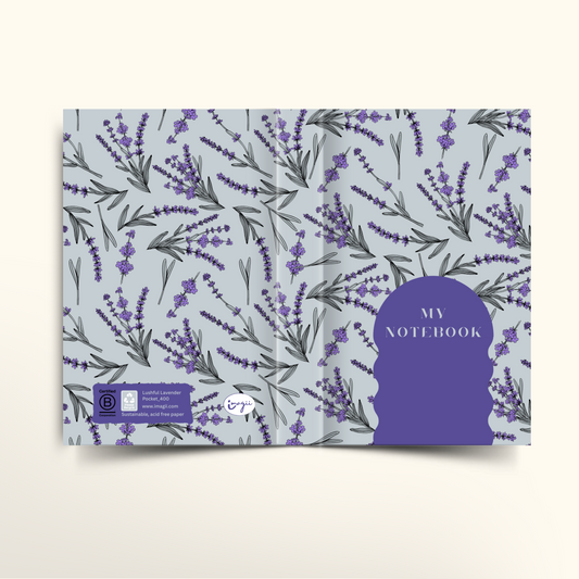 Notebook with lavender design and the words My Notebook on the cover