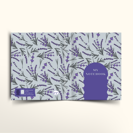 The front, back and spine of a hardcover and softcover notebook with lavender and lavender color and 'My Notebook' written on the front