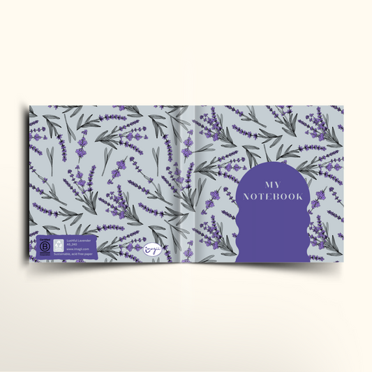 Notebook with lavender design and 'My Notebook' text on a light blue background
