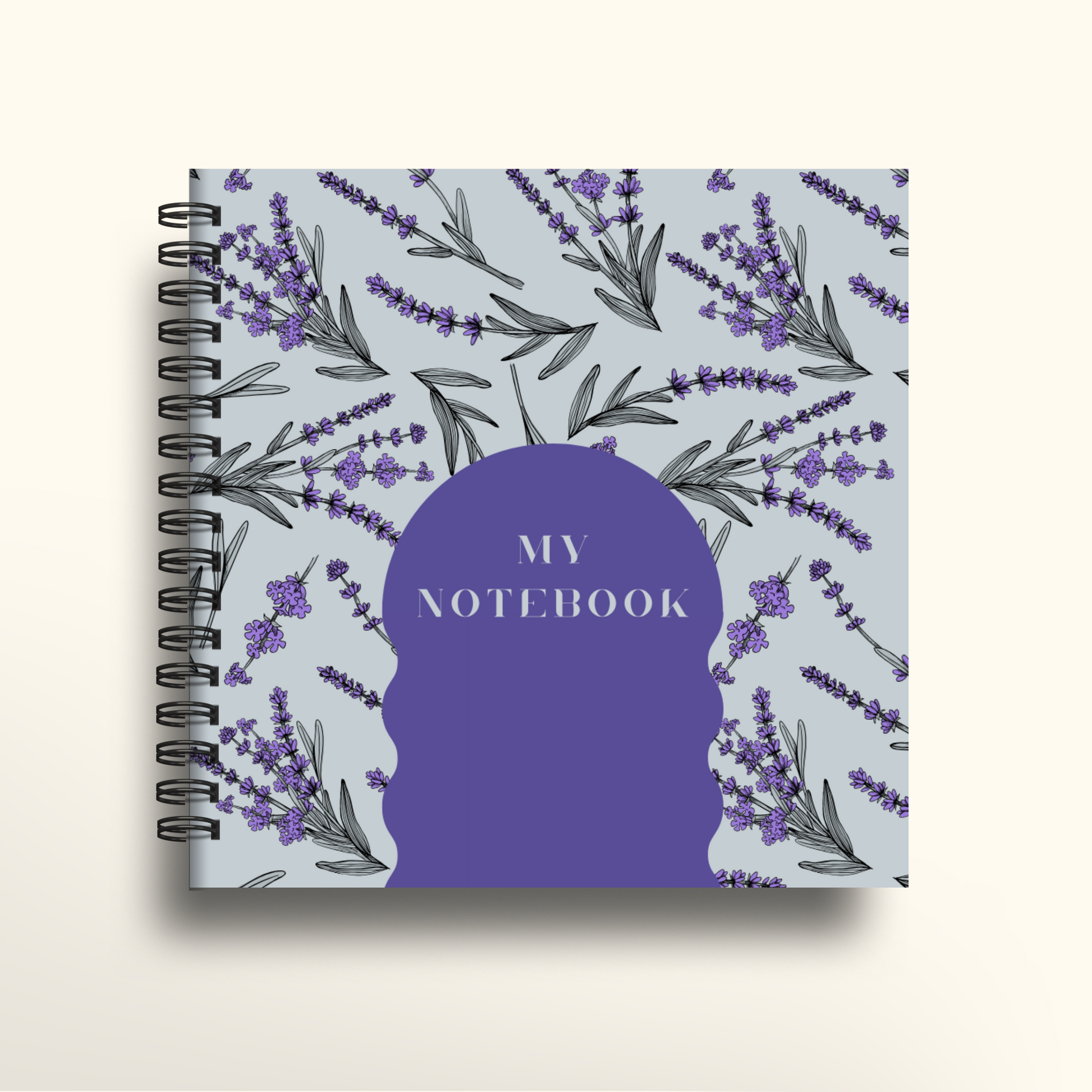 Notebook with lavender design and 'My Notebook' text on a light blue background