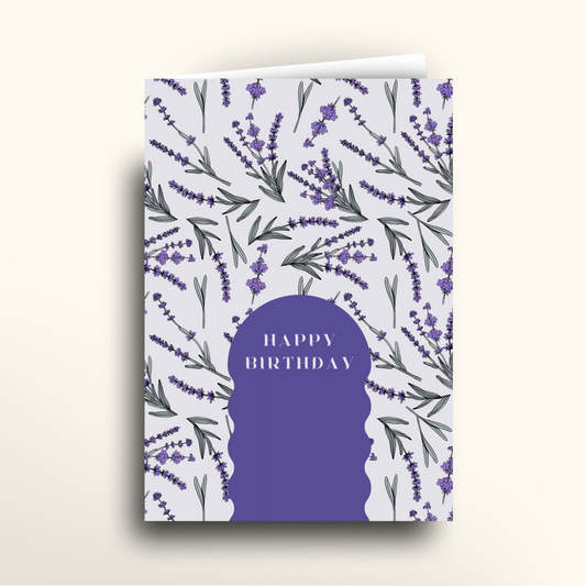 Greeting card with lavender design and 'Happy Birthday' text