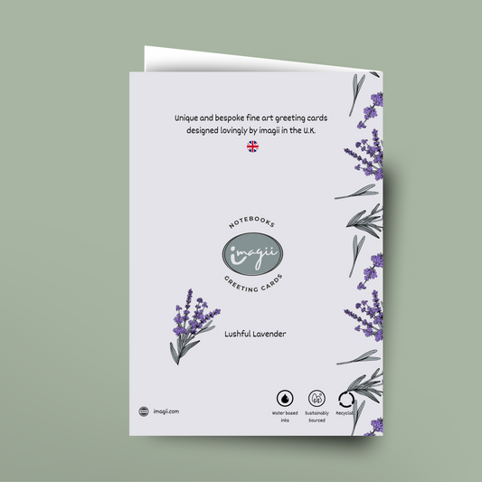 back of Greeting card by imagii with lavender design 