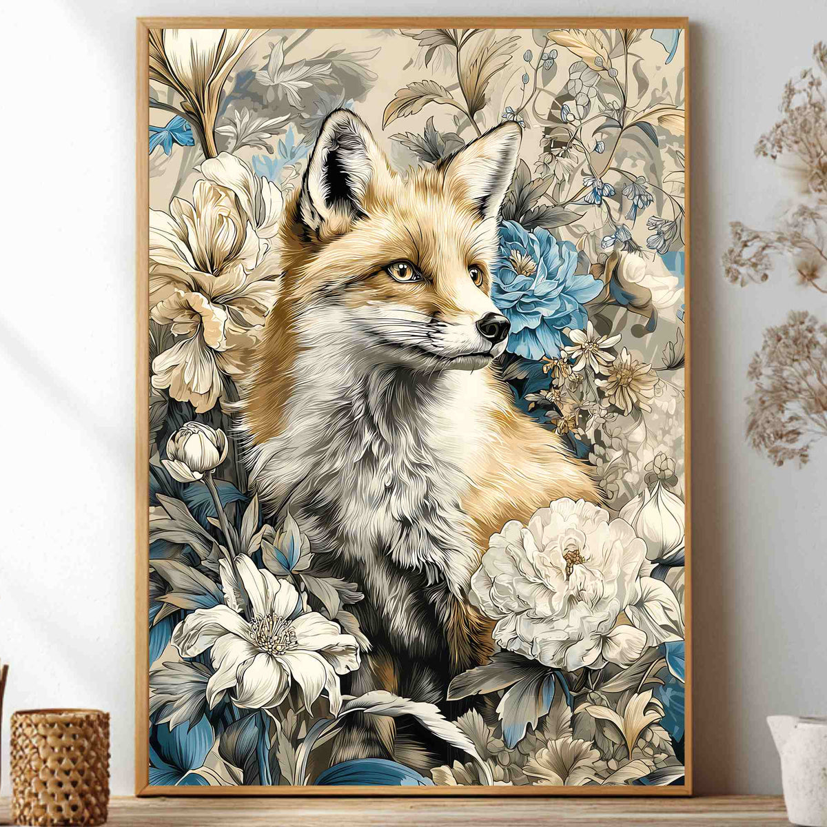 A framed vertical art print featuring a detailed fox surrounded by large white and blue flowers, displayed on a shelf in a styled interior setting with dried botanicals and small decorative containers.
