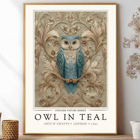 A framed art print featuring a blue owl perched on a branch against an ornate beige floral background, with the text 'OWL IN TEAL' and 'ARTS & CRAFTS • LONDON • 1893' below. The print is displayed leaning against a white wall on a shelf, surrounded by decorative dried flowers and small vessels.