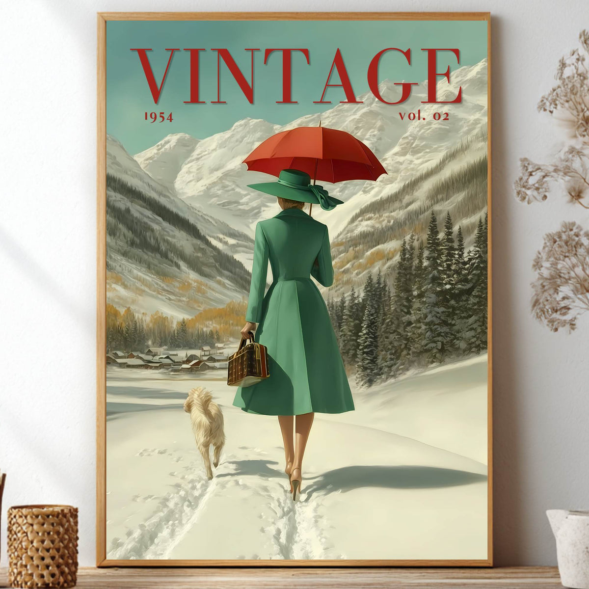 A framed vintage-style poster leaning on a shelf in a styled interior. The poster shows a woman in a green coat and hat walking in a snowy mountain landscape under a red umbrella, with the word VINTAGE at the top.