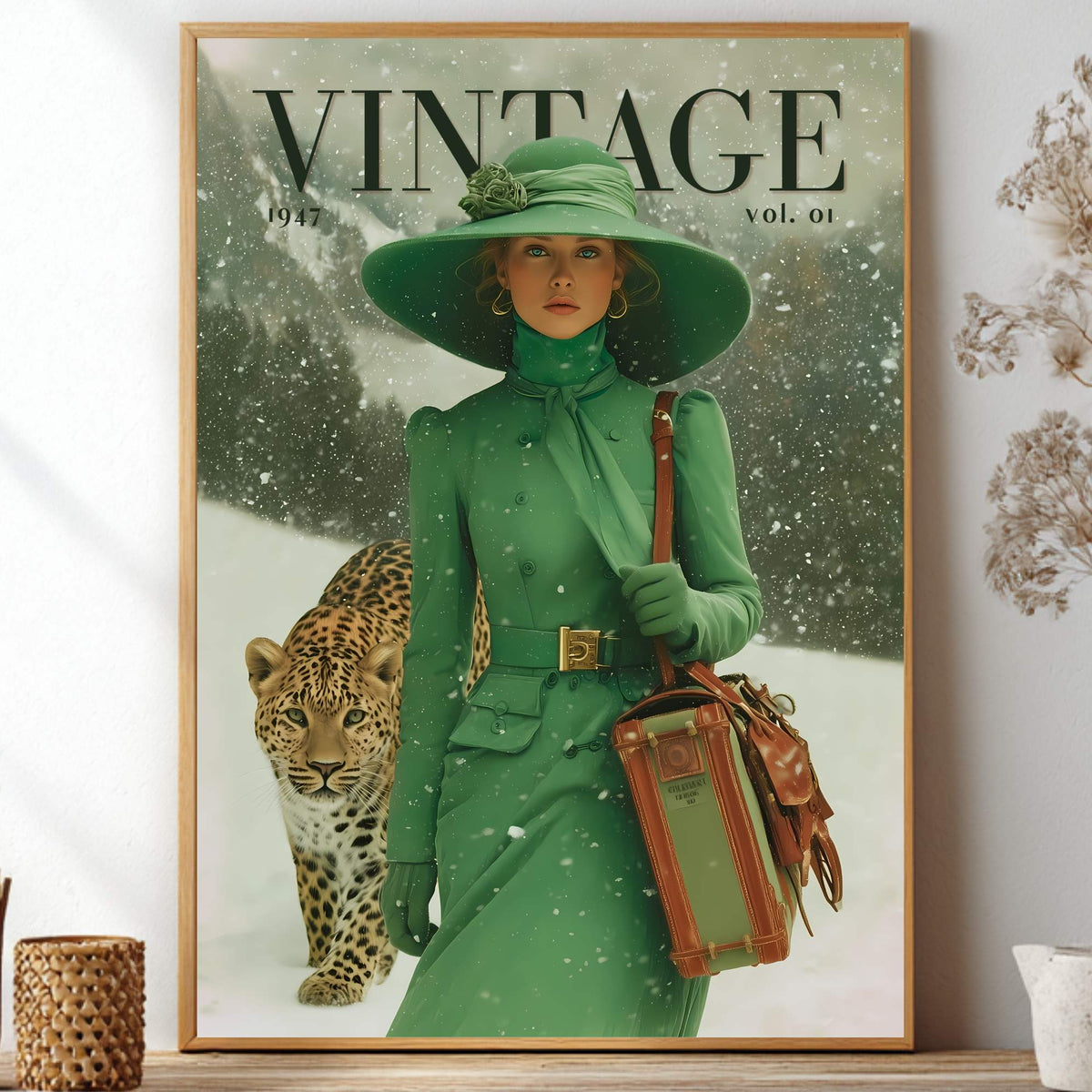 A framed vintage-style poster or magazine cover print leaning against a wall on a shelf, showing a woman in a green outfit and hat with a leopard in the snow. The print is surrounded by home decor props including dried stems in a glass vase, a small white pot, and woven containers.