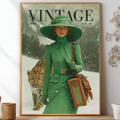 A framed vintage-style poster or magazine cover print leaning against a wall on a shelf, showing a woman in a green outfit and hat with a leopard in the snow. The print is surrounded by home decor props including dried stems in a glass vase, a small white pot, and woven containers.