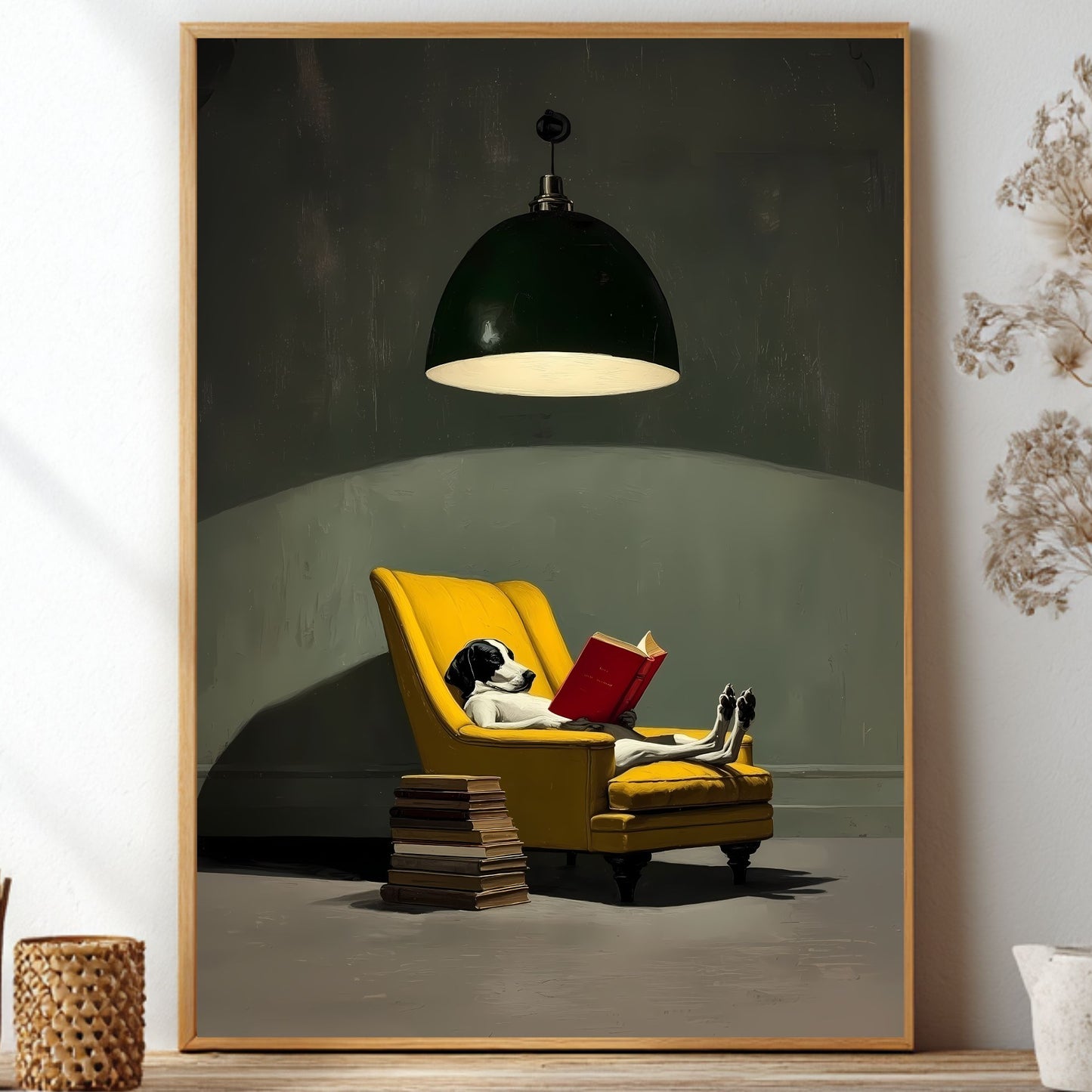 A framed art print depicting a cozy scene of a dog reading a book in a yellow armchair under a dark green dome lamp, displayed on a shelf in a styled room with dried flowers and decorative vases.