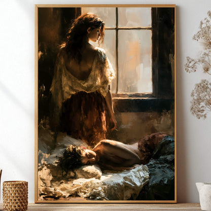 A framed art print depicting a woman looking out a window while another figure lies on the floor, styled on a shelf with dried flowers and decorative vases. Sapphic, wlw.