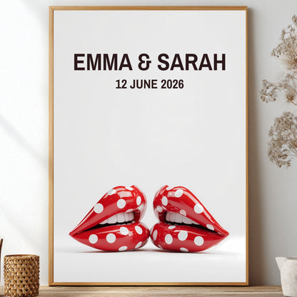 A personalized framed art print featuring a white background with the text 'EMMA & SARAH' and '12 JUNE 2026' above a pair of glossy red lips with white polka dots. The print is housed in a light wood frame and styled on a wooden shelf next to dried flowers and small decorative vases.