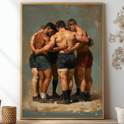A framed vertical painting of five rugby players huddled together, displayed on a shelf in a styled room setting with dried flowers and decorative vases.