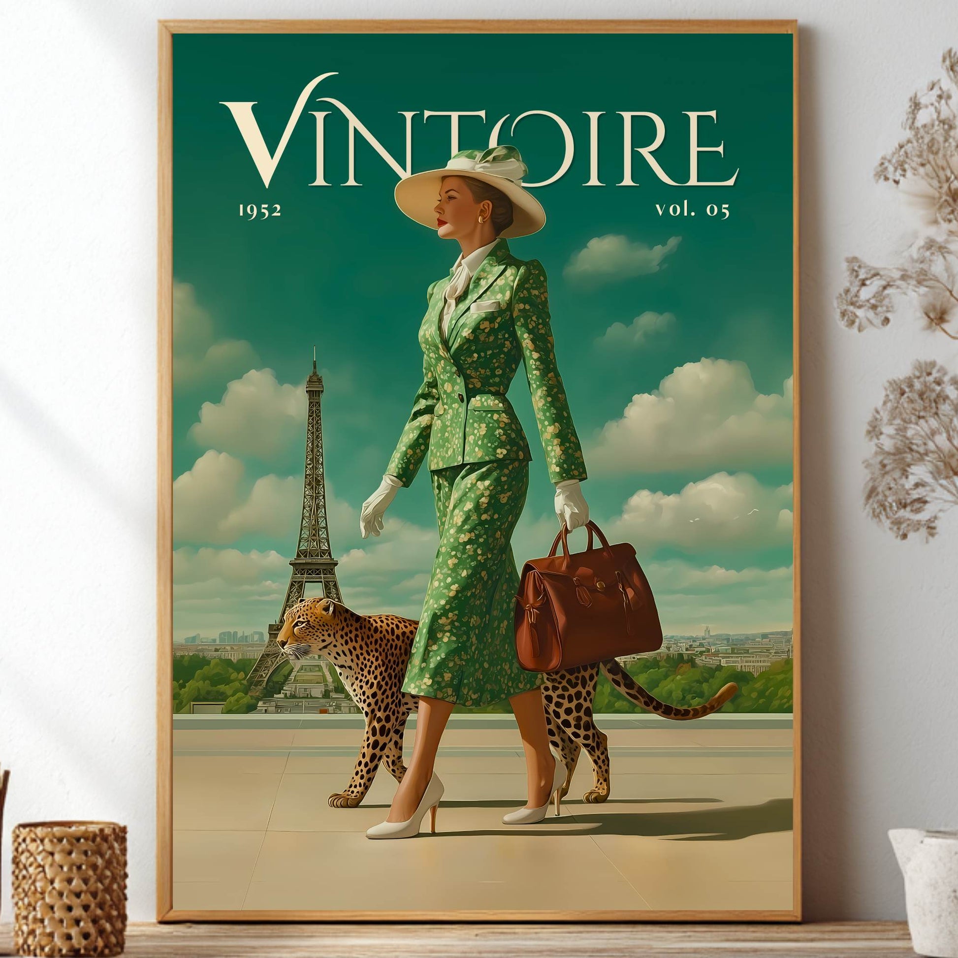 A framed vintage-style poster titled 'VINTOIRE 1952 vol. 05' displayed on a shelf in a styled interior.