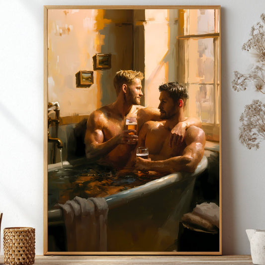 A framed vertical art print depicting two men relaxing in a bathtub, styled on a shelf next to dried flowers and decorative vases. Gay couple.