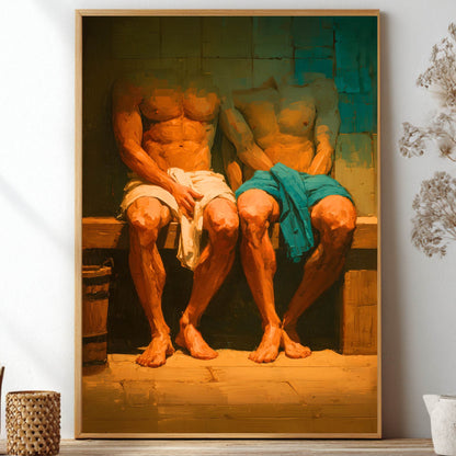 A framed art print depicting two muscular men sitting on a bench, one wrapped in a white cloth and the other in a teal-blue cloth, displayed on a shelf in a styled room setting.