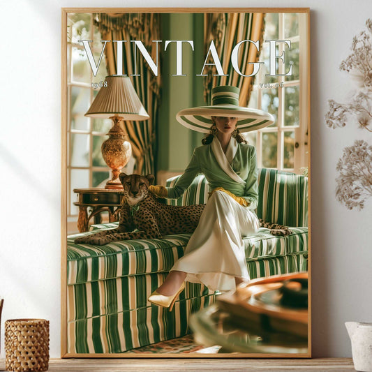 A framed vintage-style art print featuring a woman in a sage green and cream outfit sitting on a striped sofa with a leopard, displayed on a shelf against a light wall.