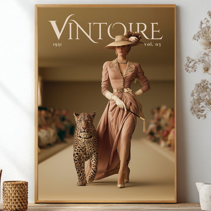 A framed vintage-style fashion poster leaning against a wall on a shelf, showing a woman in a long beige dress walking beside a leopard. The poster has the title 'VINTOIRE 1951 vol.
