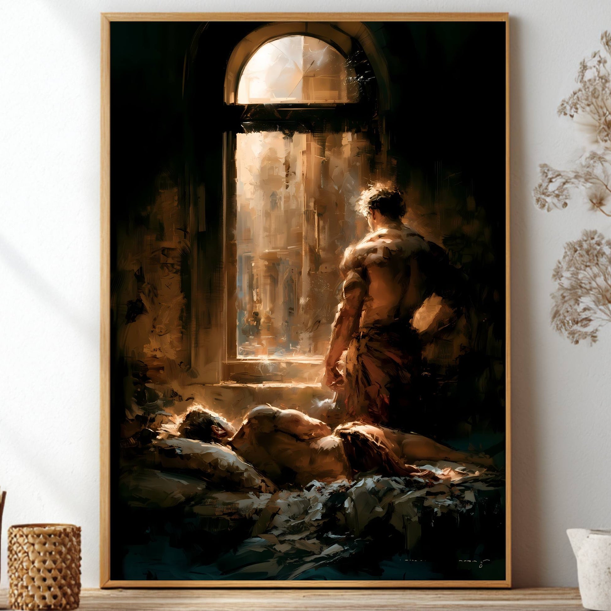 A framed art print depicting a dramatic classical romance gay scene of a man looking out of a dark room toward a bright window with another man in a bed, styled on a shelf with dried flowers and decorative vases.