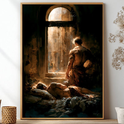 A framed art print depicting a dramatic classical romance gay scene of a man looking out of a dark room toward a bright window with another man in a bed, styled on a shelf with dried flowers and decorative vases.