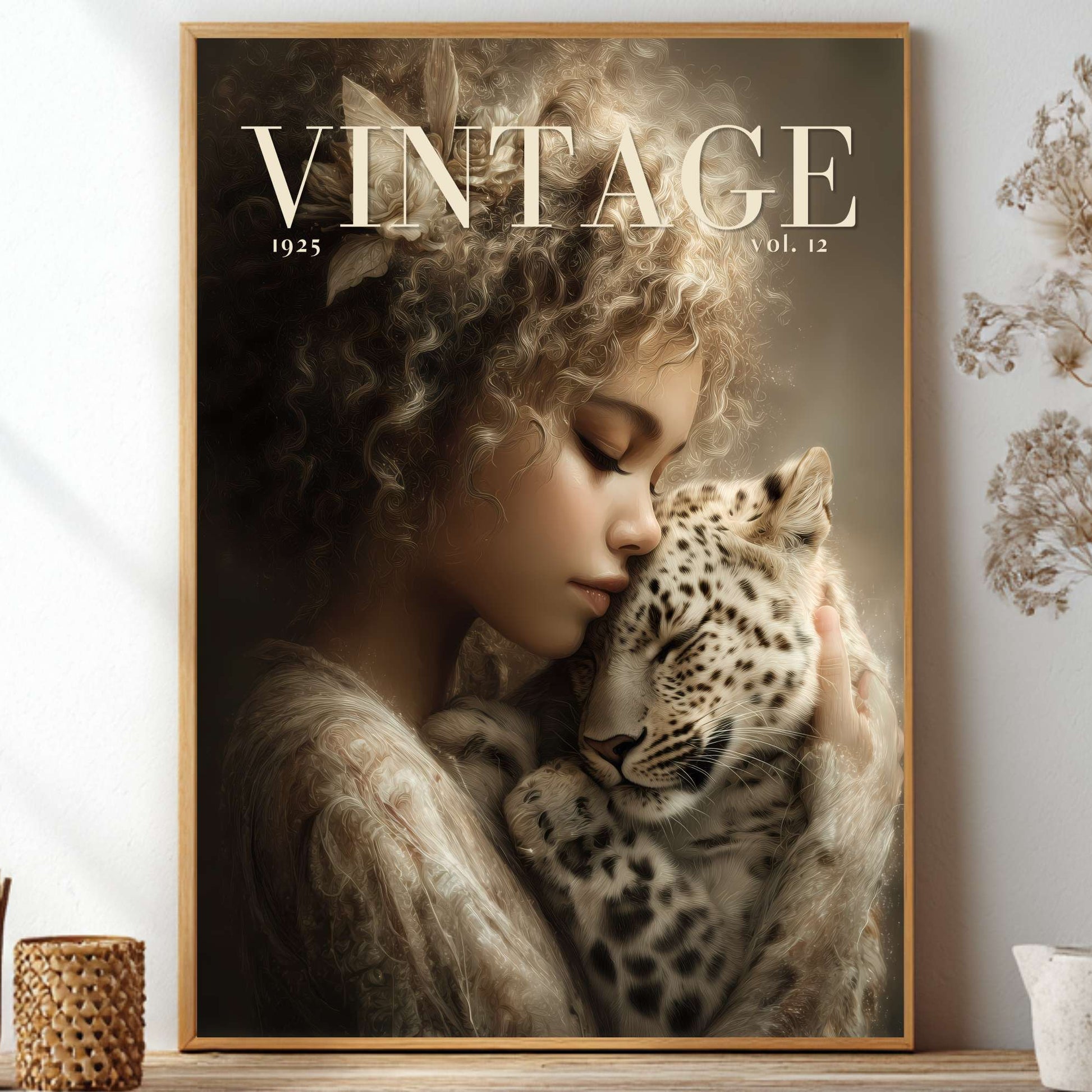 A framed vintage-style art print displayed on a shelf in a styled interior. The print features a woman embracing a spotted big cat, with the word 'VINTAGE' and '1925' at the top.