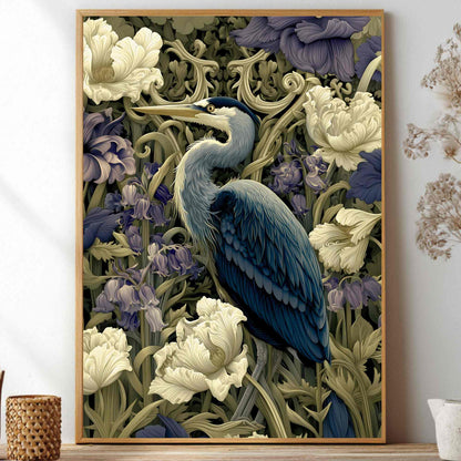 A framed art print featuring a detailed illustration of a blue heron surrounded by white flowers and green foliage, styled on a shelf next to decorative dried plants and vases.
