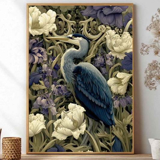 A framed art print featuring a detailed illustration of a blue heron surrounded by white flowers and green foliage, styled on a shelf next to decorative dried plants and vases.