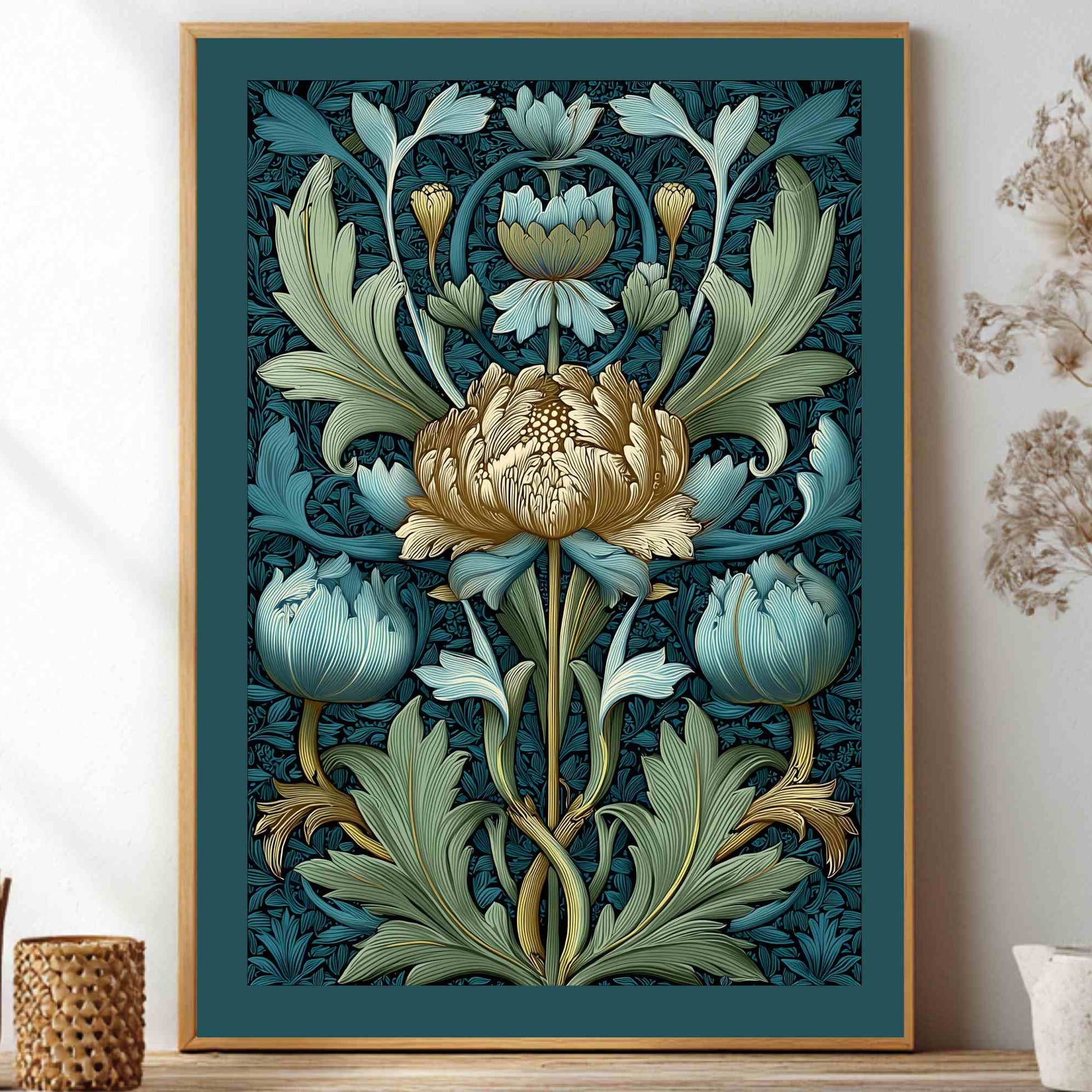 A framed botanical art print featuring a central cream peony surrounded by light blue flowers and green leaves on a dark teal background, styled on a shelf with dried flowers and small decorative vases.