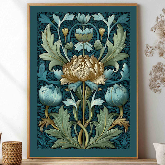 A framed botanical art print featuring a central cream peony surrounded by light blue flowers and green leaves on a dark teal background, styled on a shelf with dried flowers and small decorative vases.